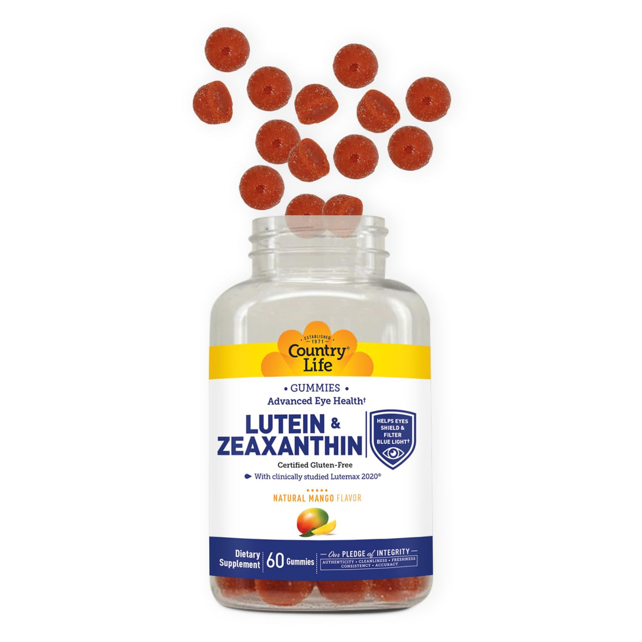 Country Life Lutein Gummies with Lutemax 2020, 60 Ct, Chewable Natural Eye Support Supplement, Marigold Lutein, Zeaxanthin, Eye Health & Macular Support, Non-GMO, Natural Fruit Pectin, Vegan