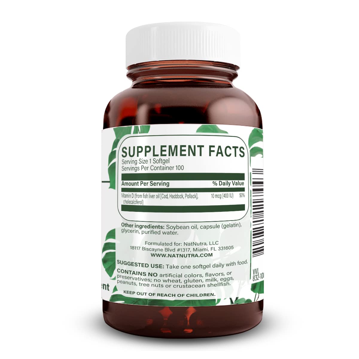 Natural Nutra 100 Vitamin D3 400 IU Softgels - VIT D Supports Immune Function, Bone & Teeth Health - Sunshine Vitamin D Formula for Cardiovascular & Lung Support - Gluten-Free Dietary Supplement