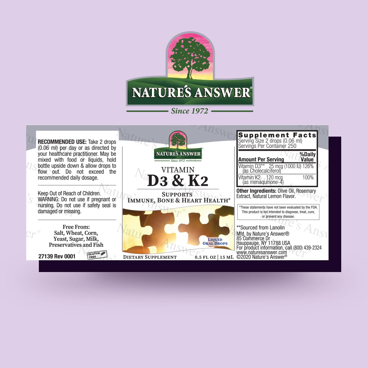 Nature's Answer Vitamin D3 and K2, 0.5 oz - Liquid Extract Oral Drops - Supports Immune, Bone and Heart Health - in a Delicious Olive Oil, Rosemary Oil, and Natural Lemon Base