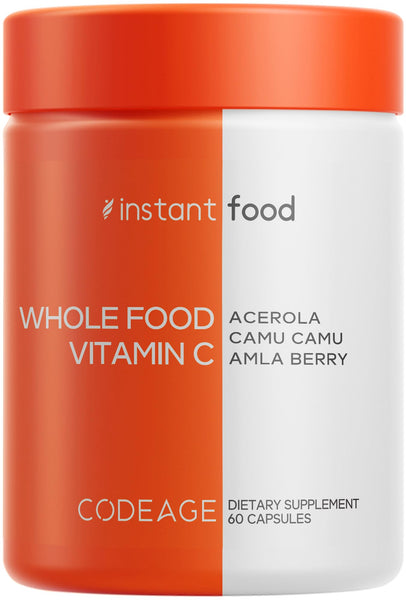 Codeage Whole Food Vitamin C Supplement - Acerola Cherry, Camu Camu, Amla Berry & Rose HIPS Blend - Citrus Bioflavonoids - Instantfood Energy Vitamins - 500mg Vitamin C Pills - Non-GMO - 60 Capsules
