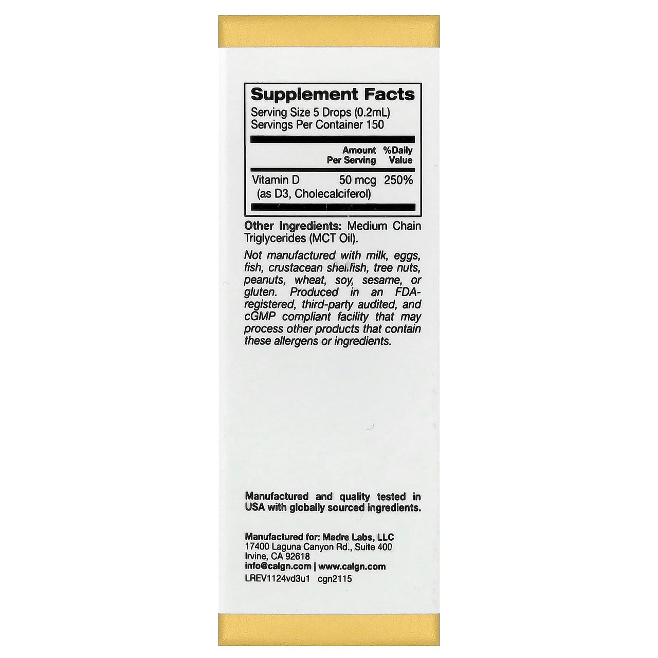 California Gold Nutrition Vitamin D3, Unflavored, 50 mcg (2,000 IU), 1 fl oz (30 ml)