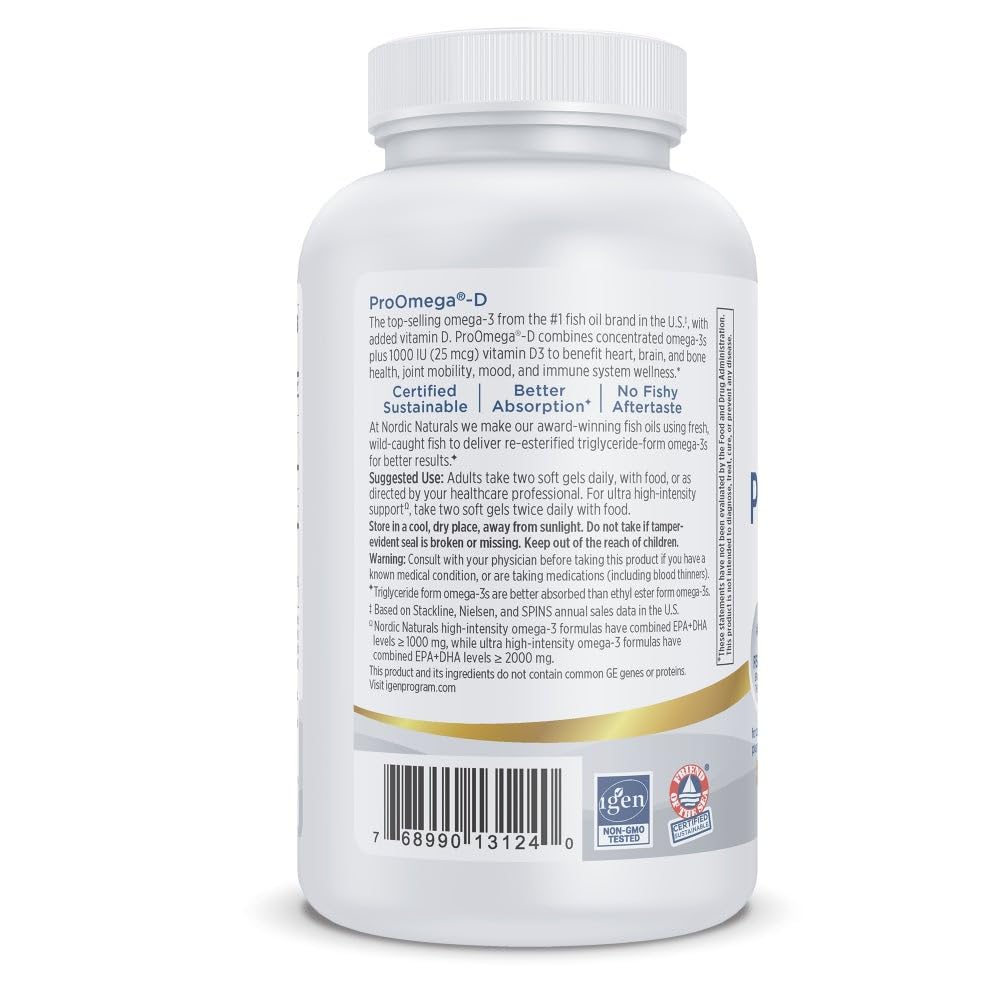 Nordic Naturals ProOmega-D, Lemon Flavor - 120 Soft Gels - 1280 mg Omega-3 + 1000 IU D3 - High-Potency Fish Oil - EPA & DHA - Brain, Eye, Heart, & Immune Health - Non-GMO - 60 Servings