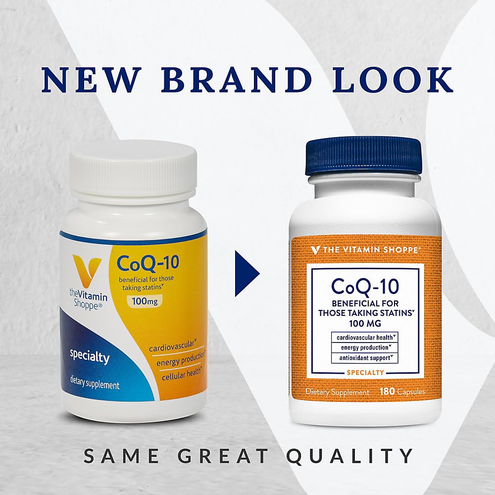 The Vitamin Shoppe CoQ-10 100mg - Beneficial for Those Taking Statins – Supports Heart & Cellular Health and Healthy Energy Production, Essential Antioxidant – Once Daily (180 Capsules)