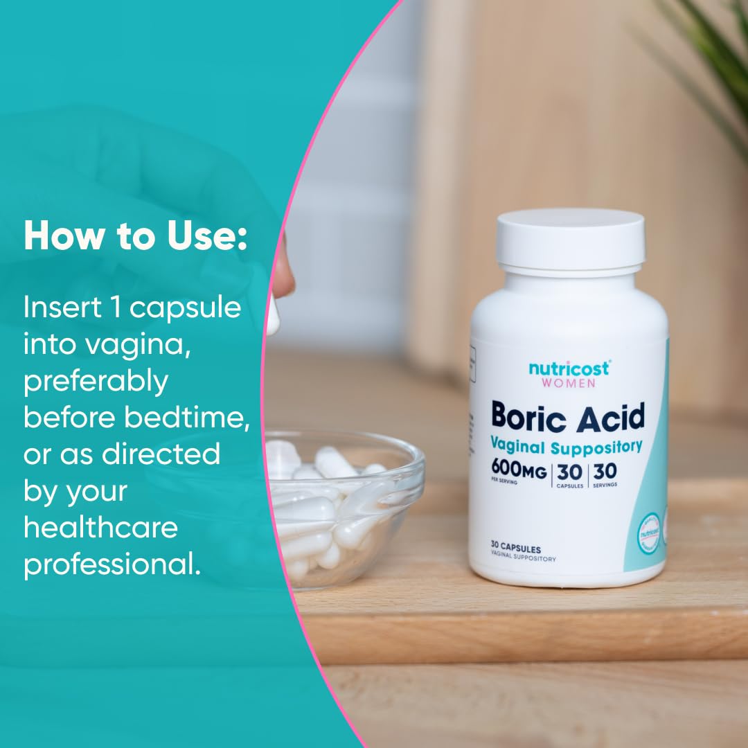 Nutricost Boric Acid 600mg, 30 Capsules - Vaginal Suppository - Non-GMO - for Women