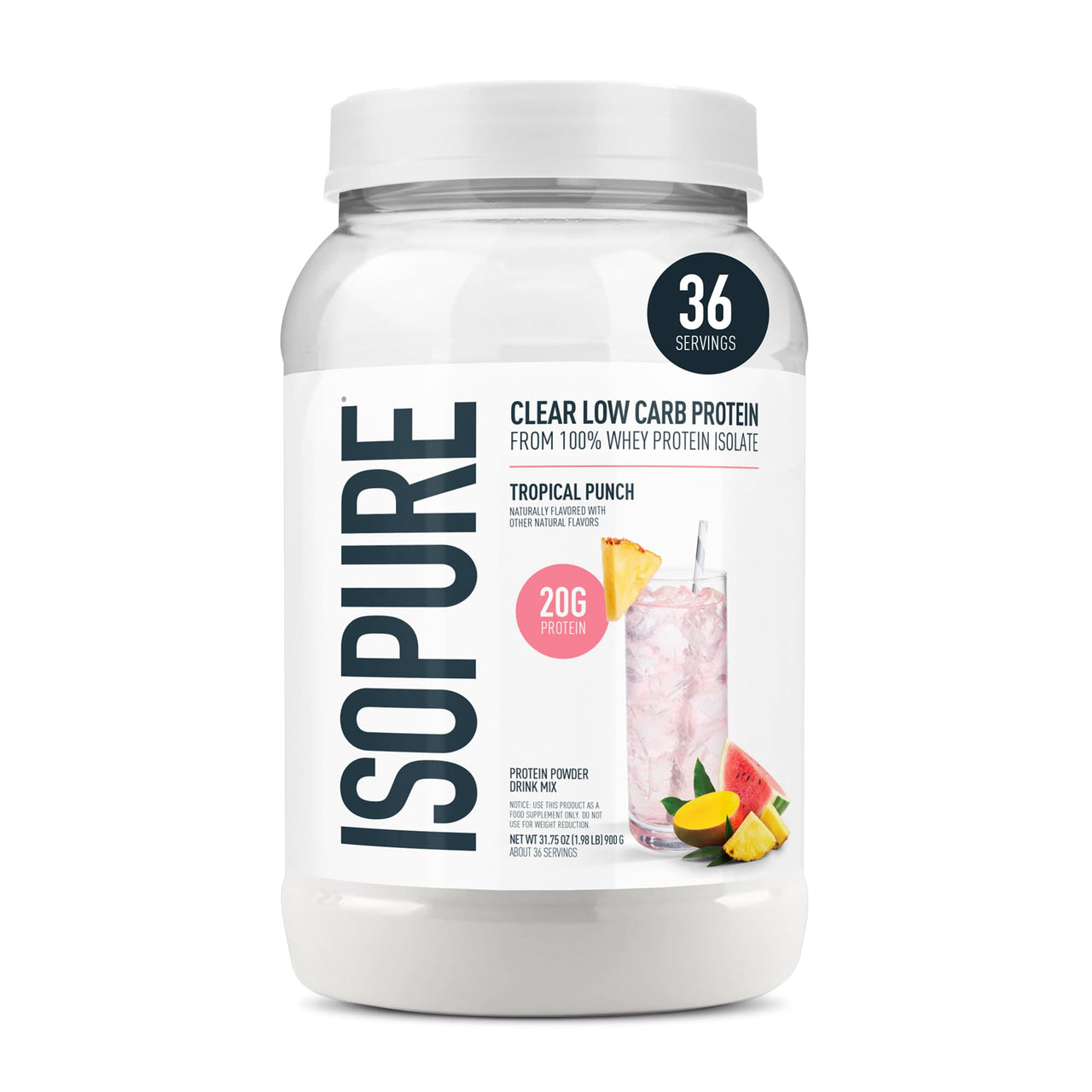 Isopure Clear Whey Isolate Protein Powder Infusions, Lactose Free, Gluten Free, Naturally Flavored, Tropical Punch, 20g Protein Per Serving, 1.9 Lbs, 36 Servings (Packaging May Vary)
