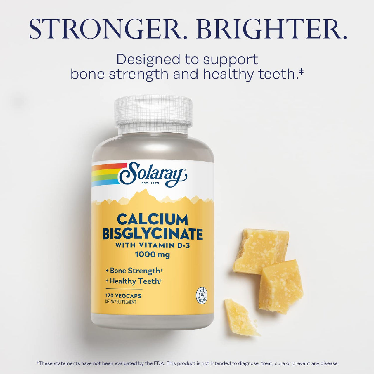 SOLARAY Calcium Bisglycinate Supplement 1000 mg for Women & Men - Calcium with Vitamin D3, Bone Strength & Teeth Health Support, Chelated Capsules, Easy to Digest - 120 Veg Cap Count