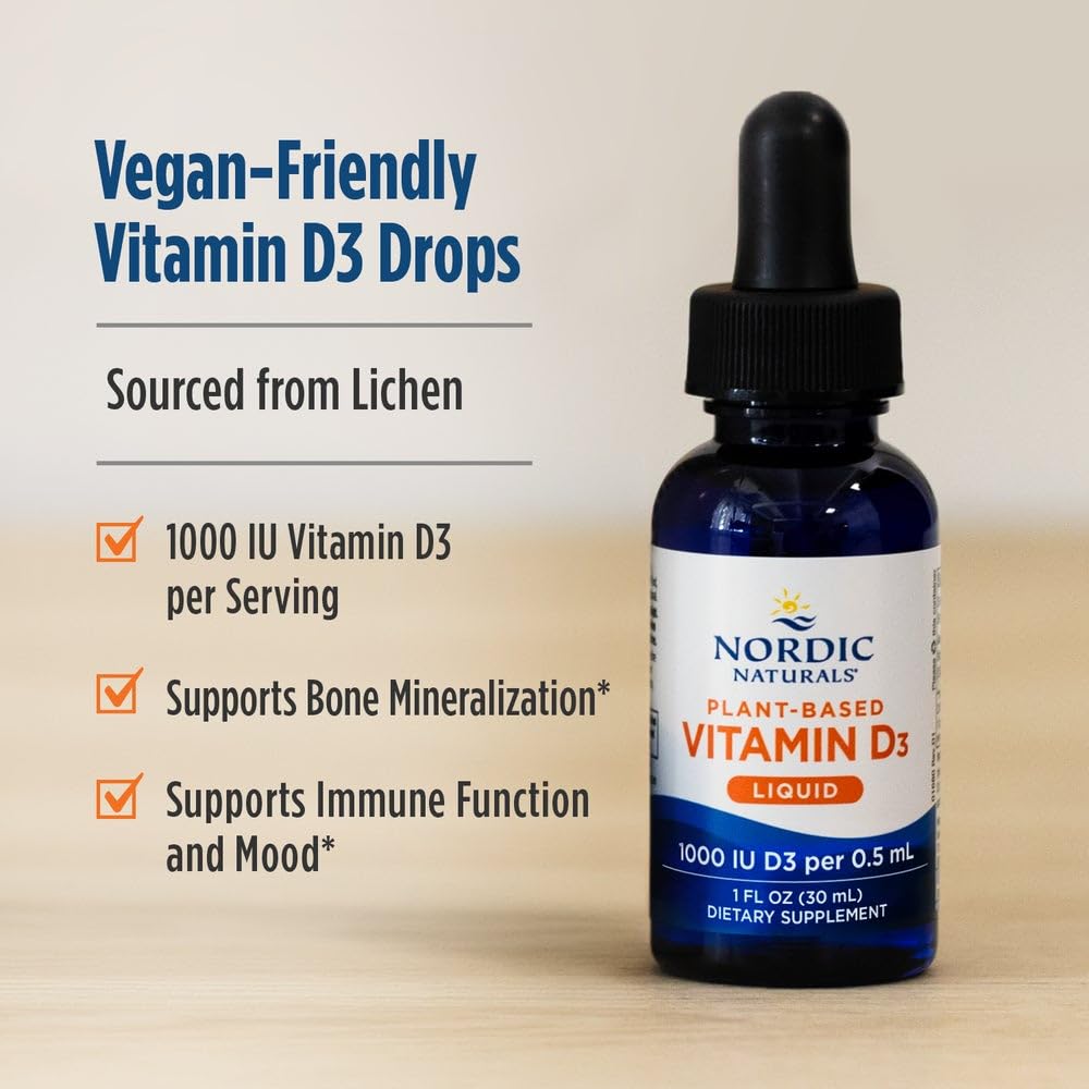 Nordic Naturals Plant-Based Vitamin D3 Liquid - 1 oz - 1000 IU Vitamin D3 - Healthy Bones, Mood & Immune System Function - Non-GMO, Vegan - 60 Servings