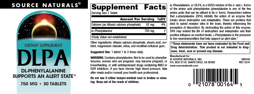 Source Naturals DLPA DL-Phenylalanine Supplement That Supports an Alert State* - 750 mg - 30 Tablets