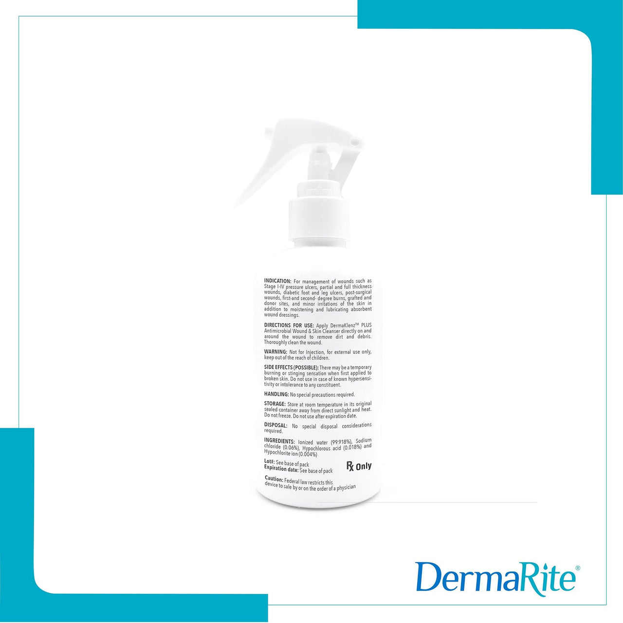 DermaRite's DermaKlenz PLUS Wound Cleanser - Rinse-Free Gentle Cleansing, Helps Clear Wound Debris, Promotes Healing with HOCL - Spray Bottle, 8 oz., 1 Count