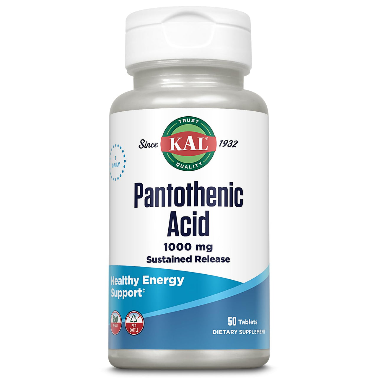 KAL Pantothenic Acid 1000mg, Sustained Release Vitamin B5 - Energy Supplements - Supports Metabolism of Carbs, Fat and Protein, Hair and Skin Health, Vegan, 60-Day Guarantee, 50 Servings, 50 Tablets
