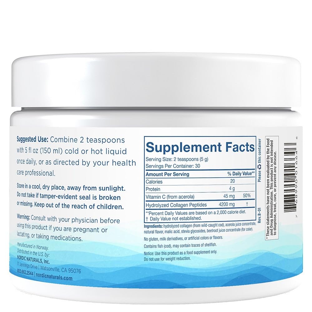 Nordic Naturals Nordic Beauty Marine Collagen Powder, Strawberry - 5.29 Ounces - Collagen Powder Supplement for Healthy Skin, Joints, and Bones, Vitamin C for Antioxidant Support - 30 Servings