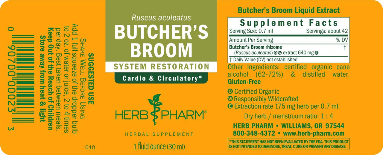 Herb Pharm Butcher's Broom Liquid ExtraCount for Cardiovascular and Circulatory Support, 1 Fl Oz