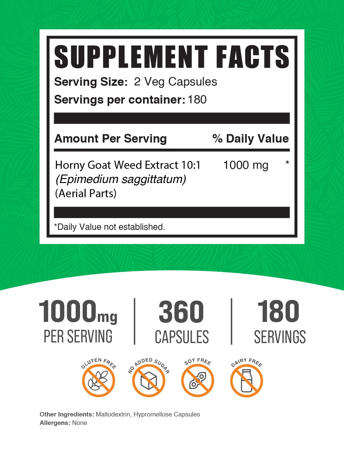 BulkSupplements.com Horny Goat Weed Capsules - Epimedium Extract, Horny Goat Weed Herbal Supplements - Vegan, 2 Capsules per Serving (1000mg), 360 Veg Capsules (Pack of 1)