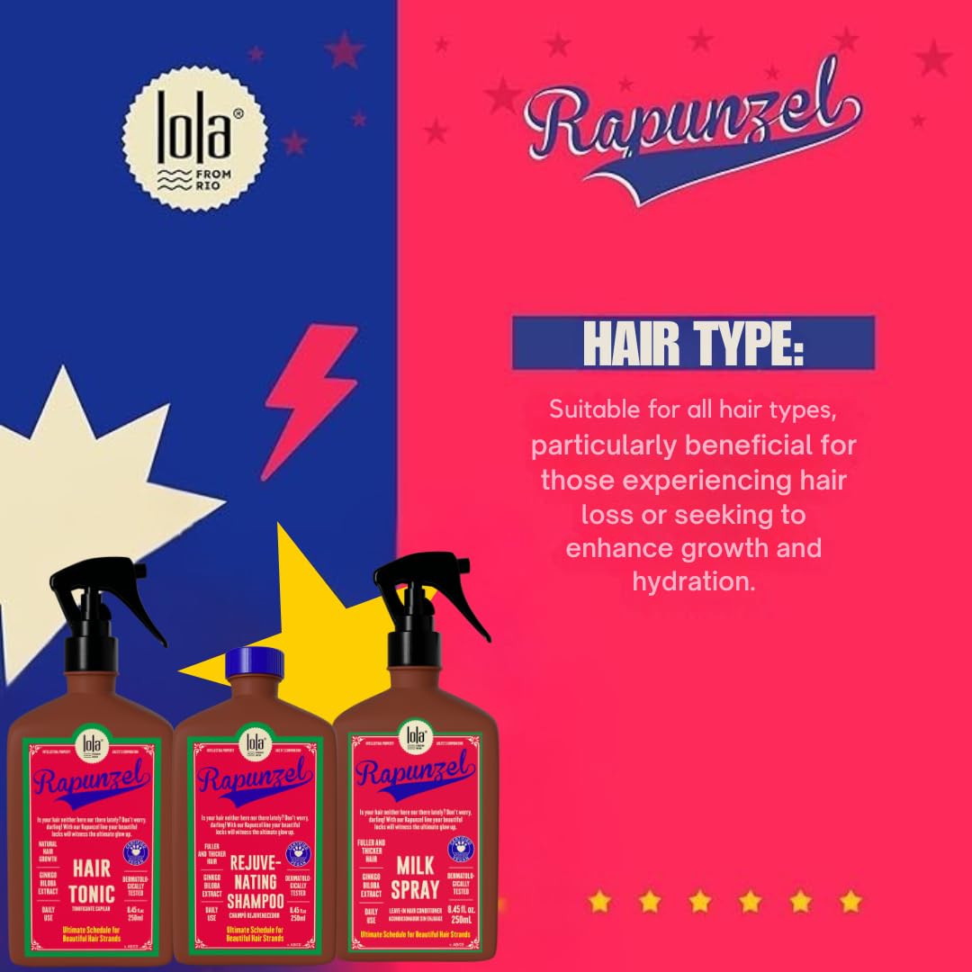 Lola From Rio Rapunzel Hair Care Set: Growth Tonic, Rejuvenating Shampoo, and Milk Spray for Strong, Healthy, Voluminous Hair - 8.45 Fl Oz Each