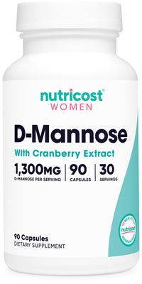 Thumbnail for Nutricost D-Mannose 1300mg with Cranberry Extract for Women 25,000mg Equivalent from 500mg of 50:1 Extract Per Serving, 90 Capsules for 30 Servings Per Bottle - Vegan, GMO Free and Gluten Free