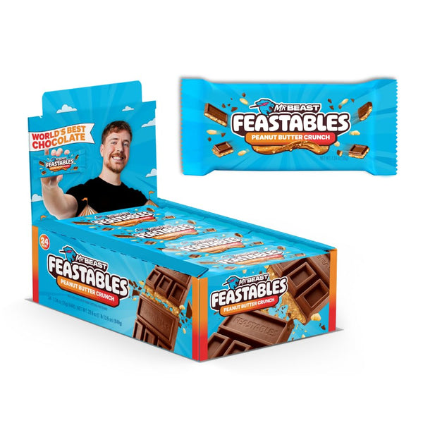 Feastables MrBeast Peanut Butter Milk Chocolate Crunch Chocolate Bar, Full Size Bar for Adults & Kids, Candy Bars, Snacks, Gifts, Dessert, Fairtrade Cocoa, 1.24 Oz Ea, 24 Count
