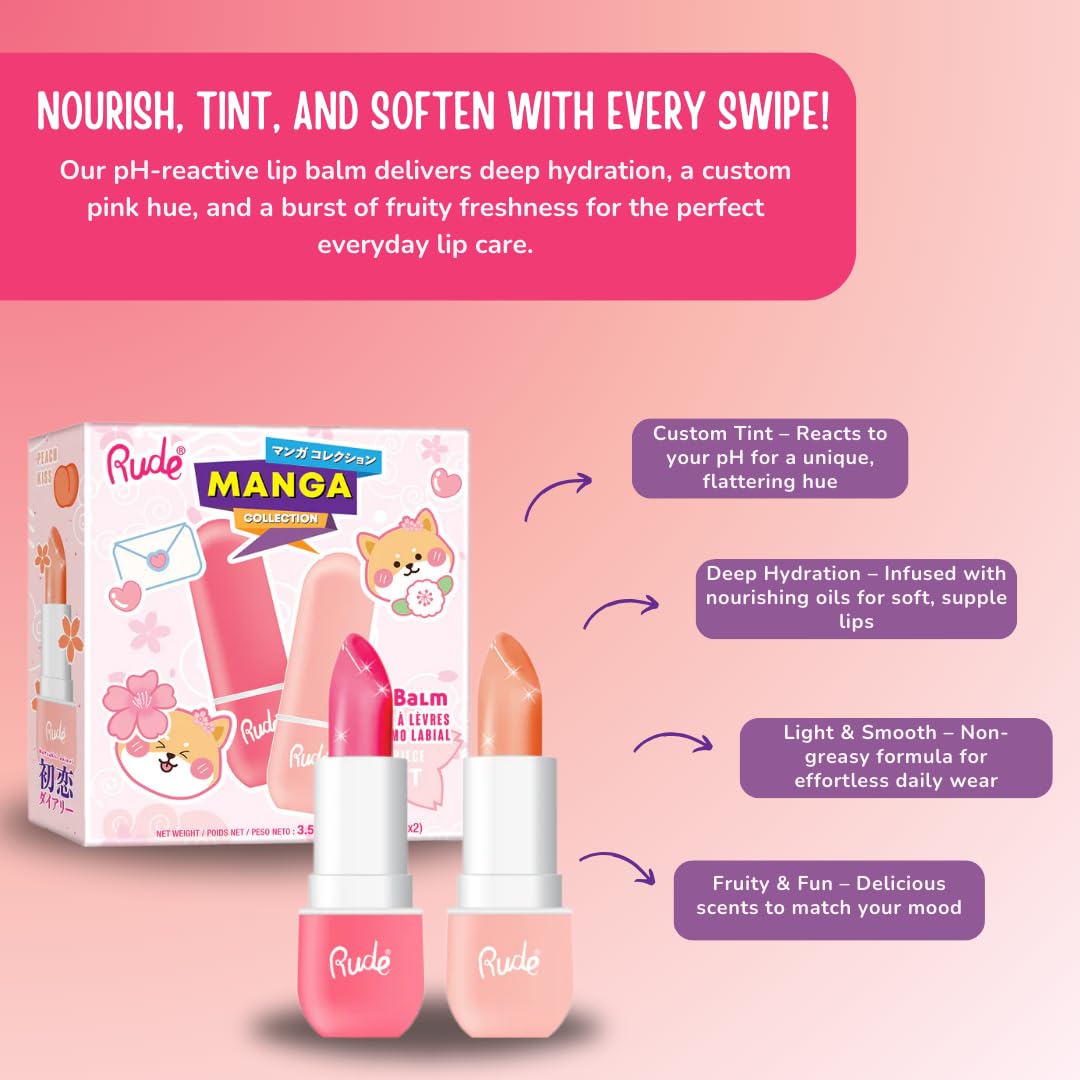 Rude Cosmetics Lip Balm Hydrating, Nourishing Lipbalm Set for Women, Lip Moisturizer for Dry Cracked Lips, Vegan & Cruelty-Free, Manga Collection/Watermelon & Peach