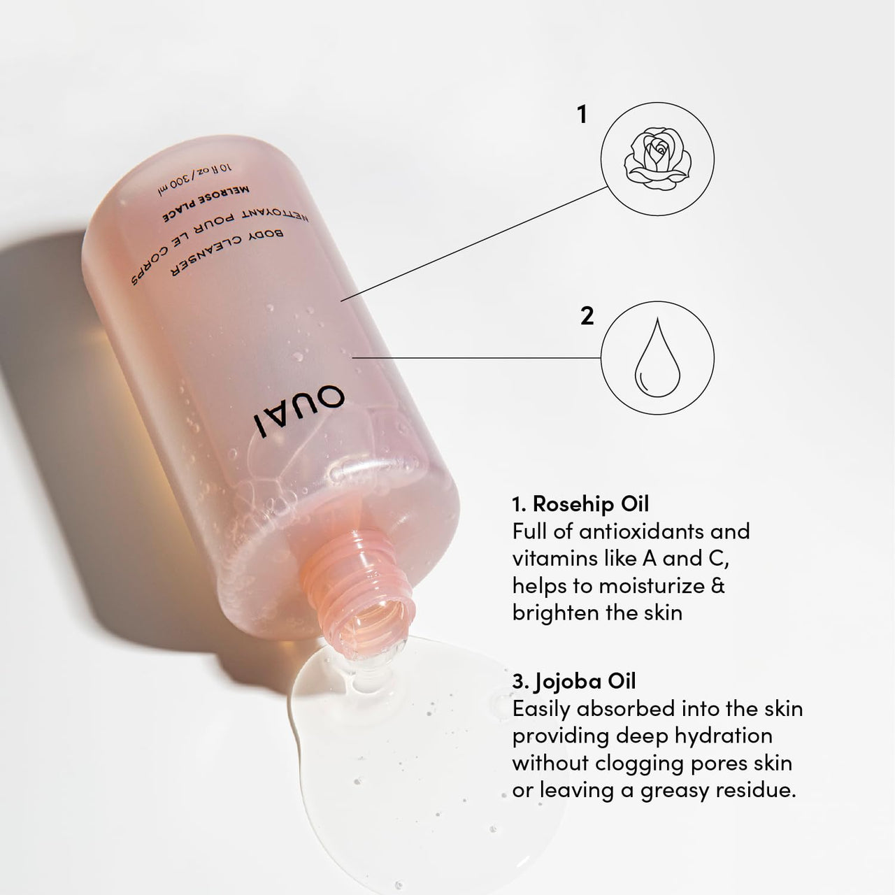 OUAI Body Cleanser, Melrose Place - Foaming Body Wash with Jojoba Oil and Rosehip Oil to Hydrate, Nurture, Balance and Soften Skin - Paraben, Phthalate and Sulfate Free Skin Care Products (10 Fl Oz)