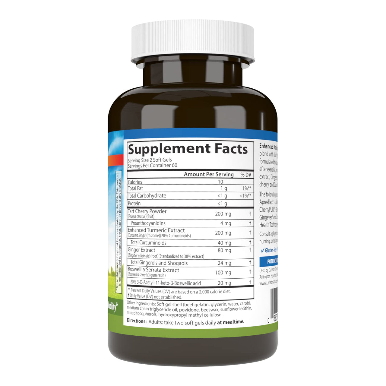 Carlson - Enhanced Mobility, Botanical Joint Support, Boswellia, Tart Cherry, Curcumin, Ginger, 120 Softgels