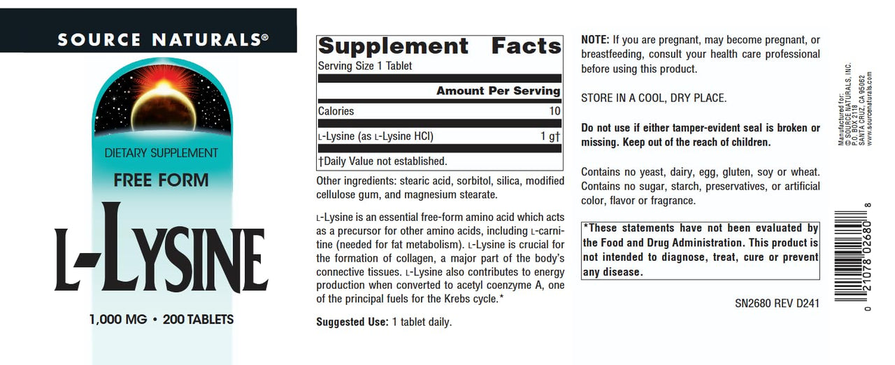 Source Naturals L-Lysine Free Form, 1000 mg* - 200 Tablets