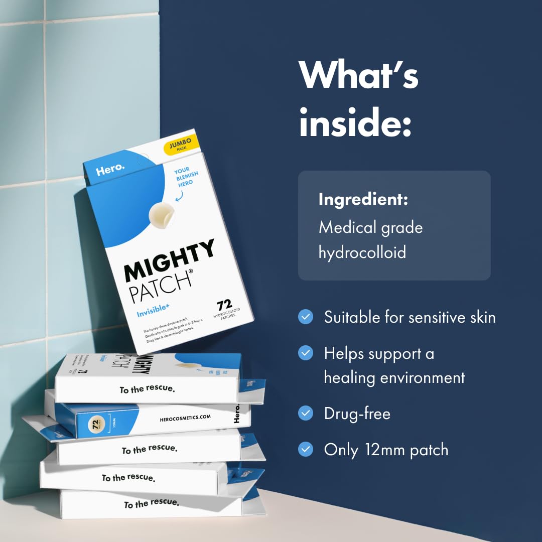 Mighty Patch™ Invisible+ Patch – The Barely-There Daytime Hydrocolloid Acne Pimple Patch for Covering Zits and Blemishes, Tapered Edges Designed to Blend Into Skin (72ct)