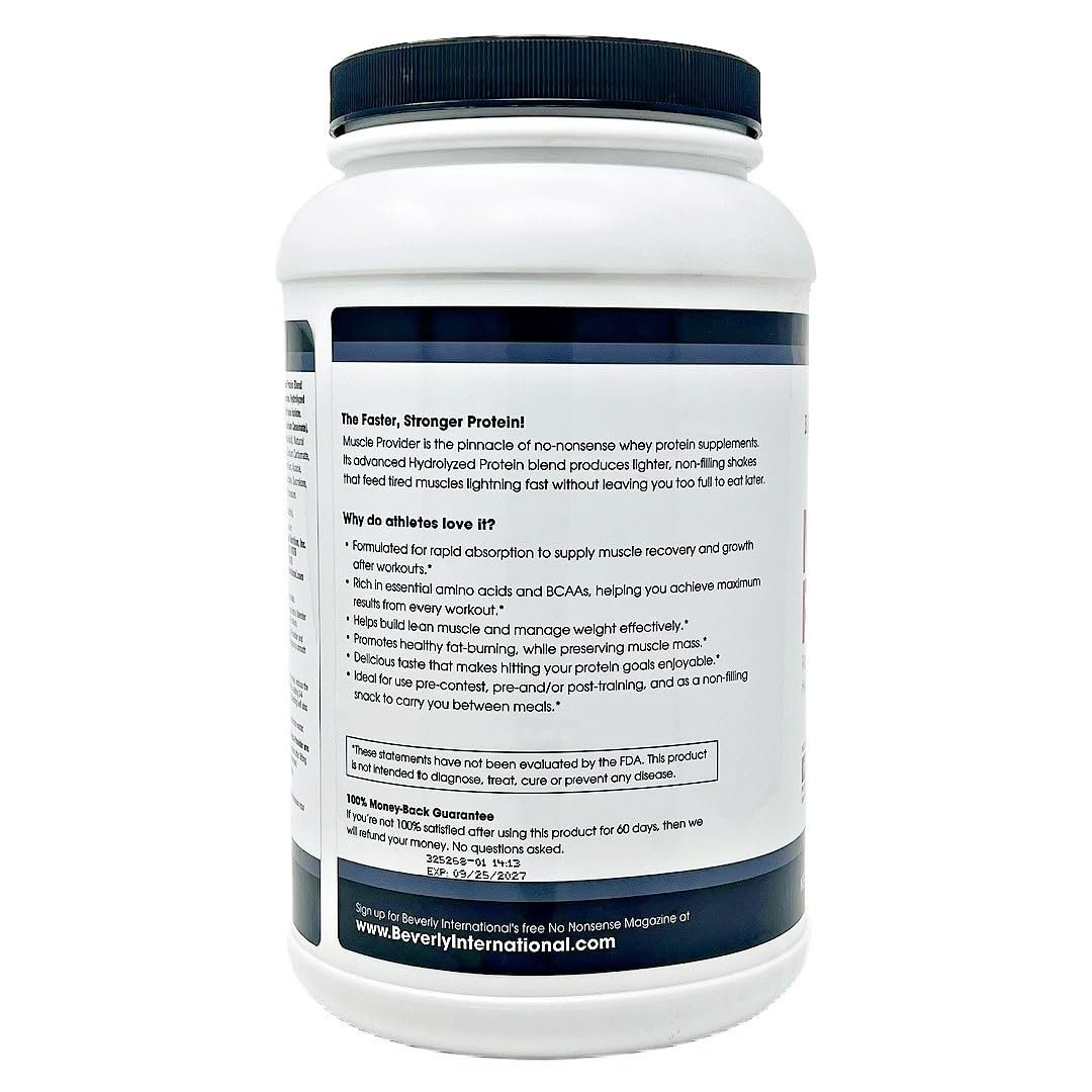 Beverly International Muscle Provider, 28 Servings, Chocolate. Super-Fast-Absorbing Whey Protein Powder for Recovery, Lean Muscle. Fills Your Muscles, not Your Stomach. Tastes Like ice Cream