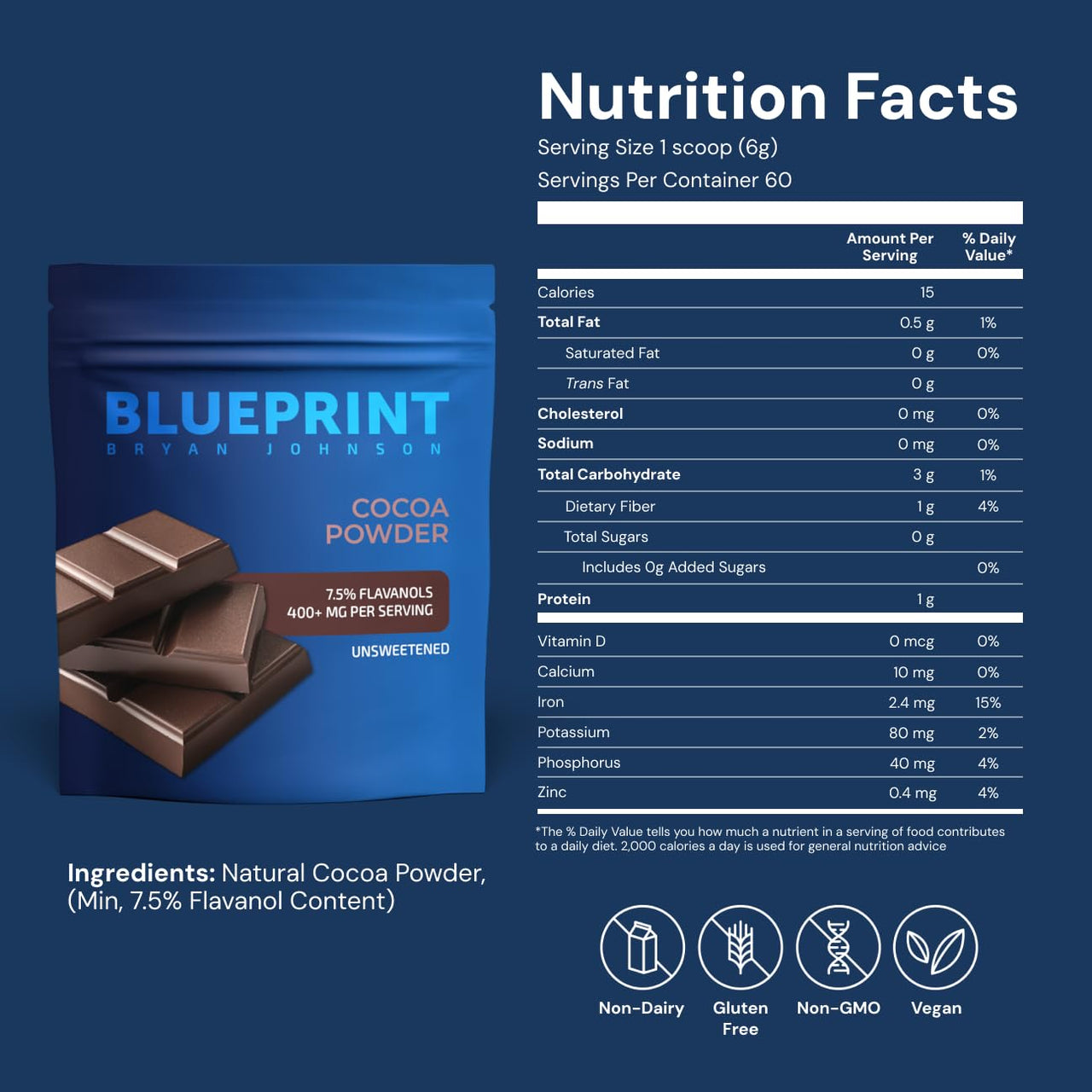 Blueprint Bryan Johnson Non Dairy Cocoa Powder - 7.5% Flavanols, 100% Pure Cocoa, Low Fat Unsweetened Cocoa, Undutched, Keto Friendly, Great for Baking & Cooking, Tested for Heavy Metals (12 Ounces)