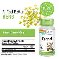 Thumbnail for SOLARAY Fennel Seed 450mg | May Help Support Healthy Digestion, Fresh Breath, Respiratory Function | Non-GMO | Vegan | Lab Verified | 100 VegCaps