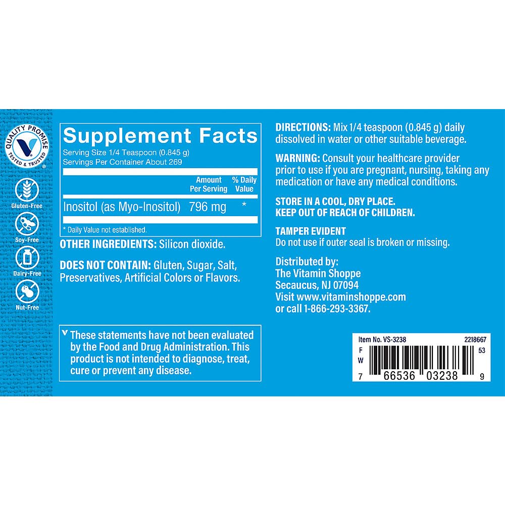 The Vitamin Shoppe Inositol Powder - Brain Health & Mood Support | Pure Myo-Inositol | 8 oz 269 Servings | Unflavored Vegan