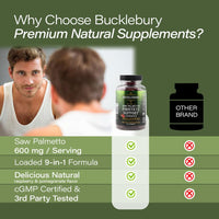 Thumbnail for BUCKLEBURY 9-in-1 Natural Saw Palmetto Gummies with Raspberry & Pomegranate Flavor - Plant-Based Prostate Support Supplements for Mens Bladder Health, Hair Growth & Urinary Support - 60 Gummies