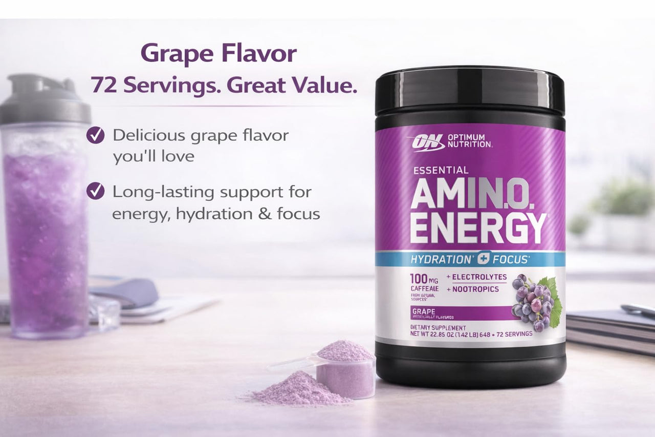 Optimum Nutrition Amino Energy Powder Plus Focus, with BCAA, Electrolytes, and Caffeine, Grape, 1.42 LB,72 Servings (Packaging May Vary)