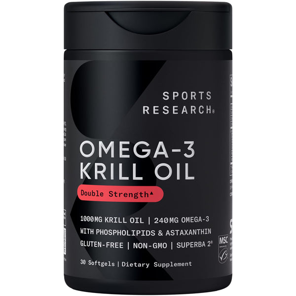 Sports Research® Omega-3 Krill Oil 1000mg (Double Strength) - Pure Antarctic Superba Krill w/Choline, Phospholipids & Astaxanthin - MSC Certified Sustainable · Non-GMO · Gluten Free - 30 Softgels
