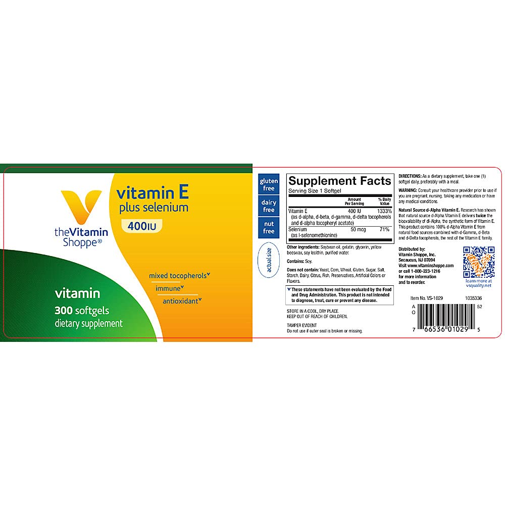 The Vitamin Shoppe Vitamin E + 400IU Selenium- 100% d-Alpha Vitamin E from Natural Food Sources with Mixed Tocopherols, Antioxidant & Immune Support - Once Daily (300 Softgels)