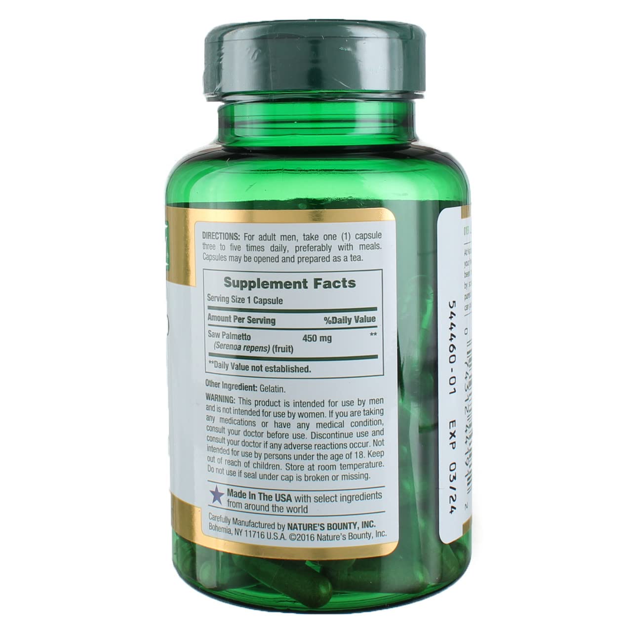 Nature's Bounty Saw Palmetto 450 mg 100 Capsules (Pack of 3)