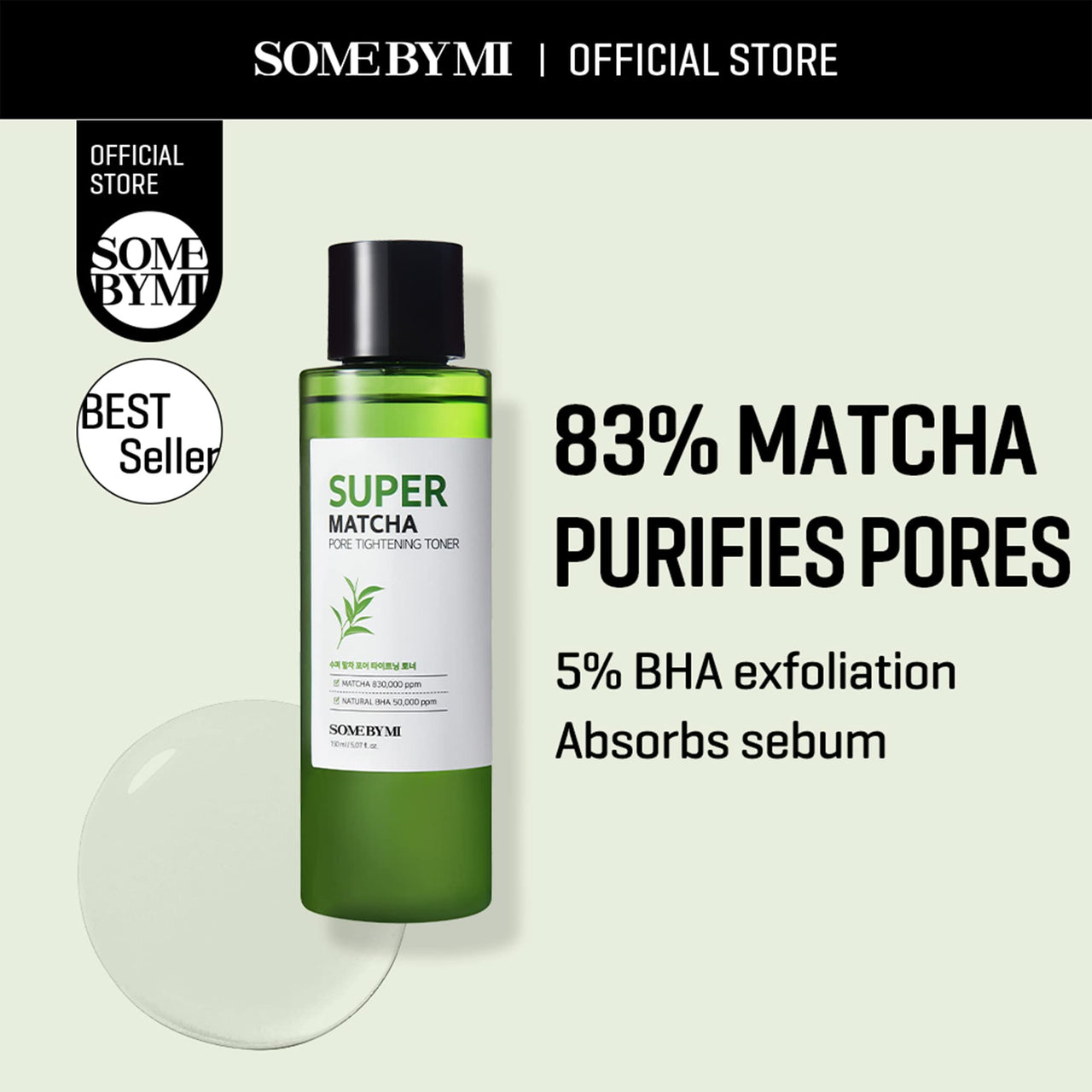 SOME BY MI Super Matcha Pore Tightening Toner - 5.07Oz, 150ml - Made from Matcha Extracts for Sensitive Skin - Skin Moisturizing and Purifying - Blackheads, Sebum and Pore Care - Korean Skin Care