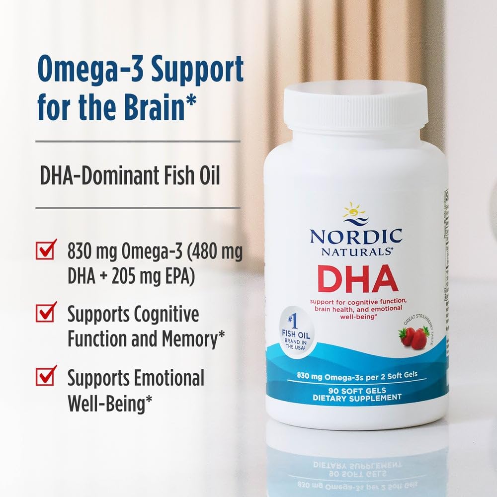 Nordic Naturals DHA, Strawberry - 180 Soft Gels - 830 mg Omega-3 - High-Intensity DHA Formula for Brain & Nervous System Support - Non-GMO - 90 Servings