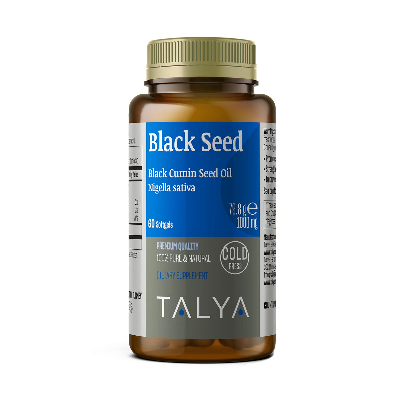 TALYA Black Seed Oil Softgel with High Thymoquinone - Immune Support - Digestive Health - Brain Function - Joint Mobility - Cold-Pressed from Non-GMO Turkish Black Cumin Nigella Sativa Seeds