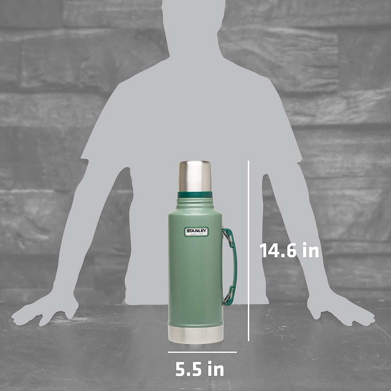 Stanley Heritage Classic Vacuum Bottle with Handle 2.0 qt | Wide Mouth with Leakproof Cup Lid | Keep Drinks Hot or Cold for Travel | Insulated Stainless Steel Thermos | BPA-Free | Hammertone Green