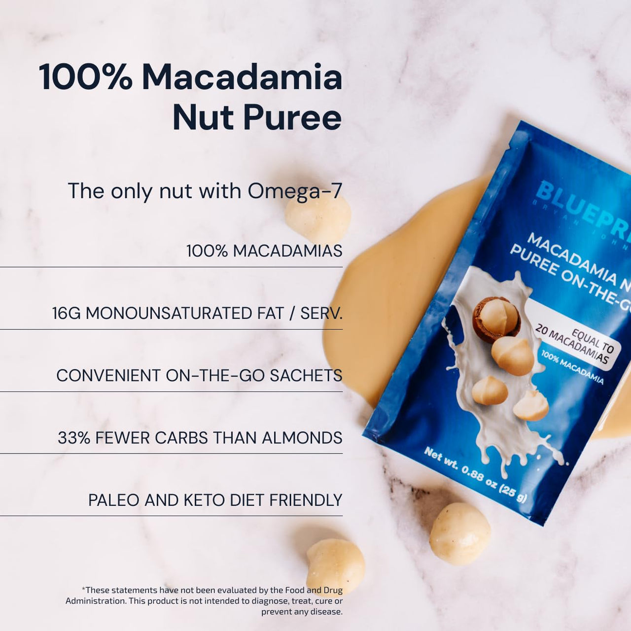 Blueprint Bryan Johnson Macadamia Nut Puree On the Go - 1 Ingredient - No Added Sugar - Non Dairy, Vegan, Non GMO, Keto Friendly (12 Servings)