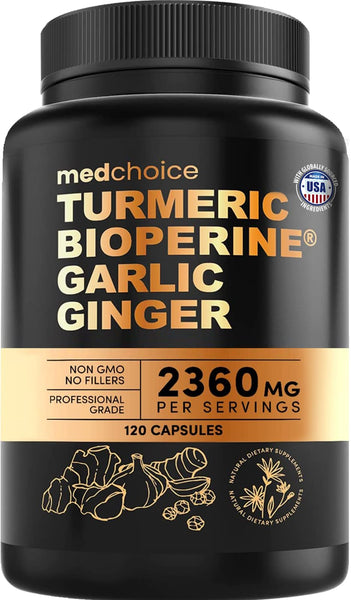 4-in-1 Turmeric and Garlic Supplements with BioPerine – 2360mg Turmeric Ginger Root Capsules with Garlic – High Potency Herbal Blend (120 ct)