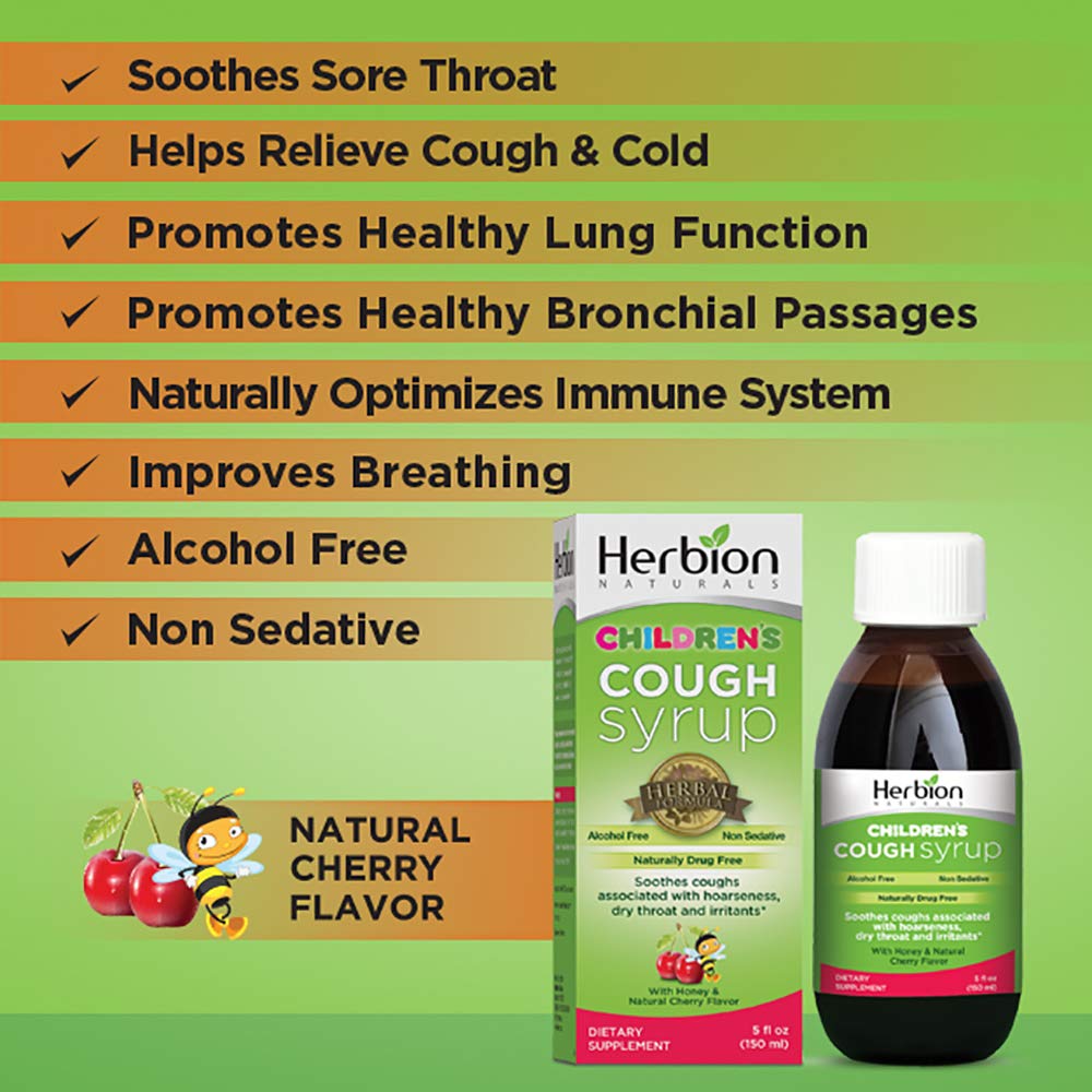 HERBION Naturals Cough Syrup for Children with Natural Honey and Cherry Flavor, Helps Relieves Cough, Promotes Healthy Lung Function, Immunity, for Kids 11 Months+, 5 Fl Oz, Pack of 1