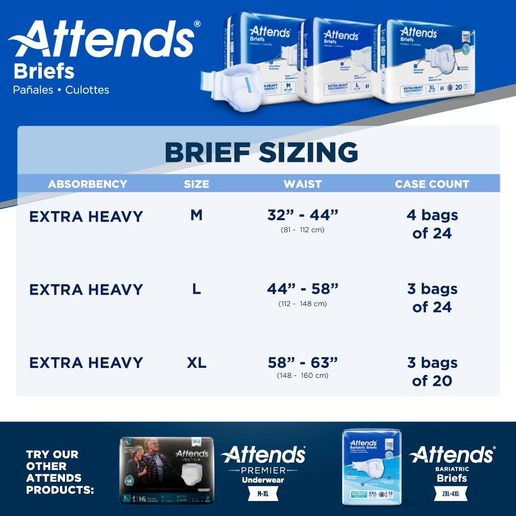 Attends Care Incontinence Disposable Briefs, Medium, 32"-44" Waist Tab Closure, Heavy Absorbency, Premium Softness and Breathable Fabric, 24ct Bag