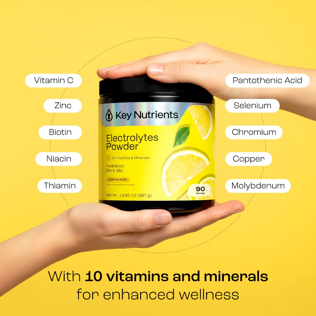 KEY NUTRIENTS Multivitamin Electrolytes Powder No Sugar - Refreshing Lemonade Electrolyte Powder - Sodium & Energy Supplement - Hydration Powder - No Calories - 90 Servings - Made in USA