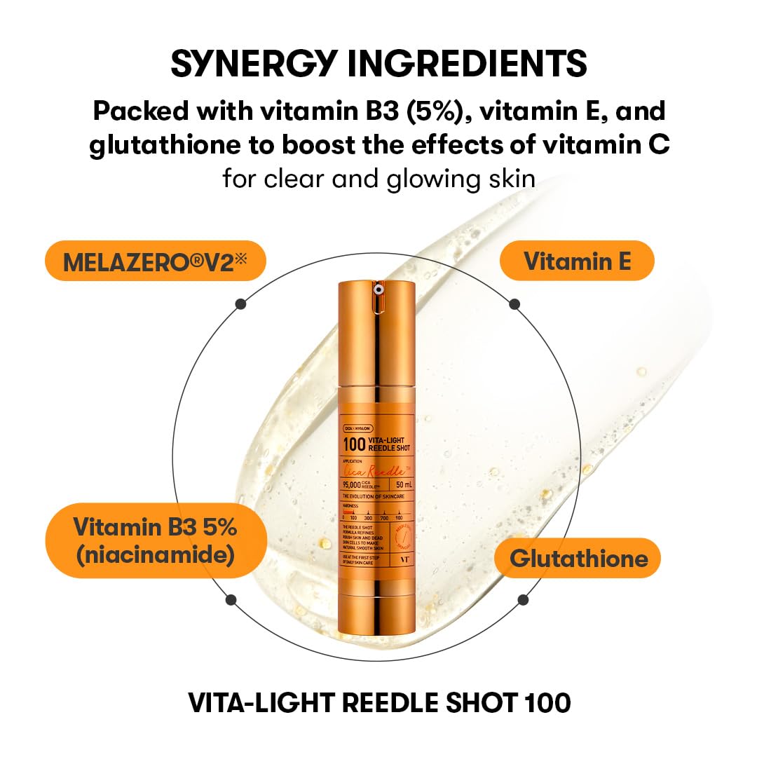 VT Cosmetics Vita-Light Reedle Shot 100, Serum with Vitamin C Capsules, Vitamin E, Hydrating Care, Korean Skincare for Sensitive Skin 1.69Fl Oz(50ml)