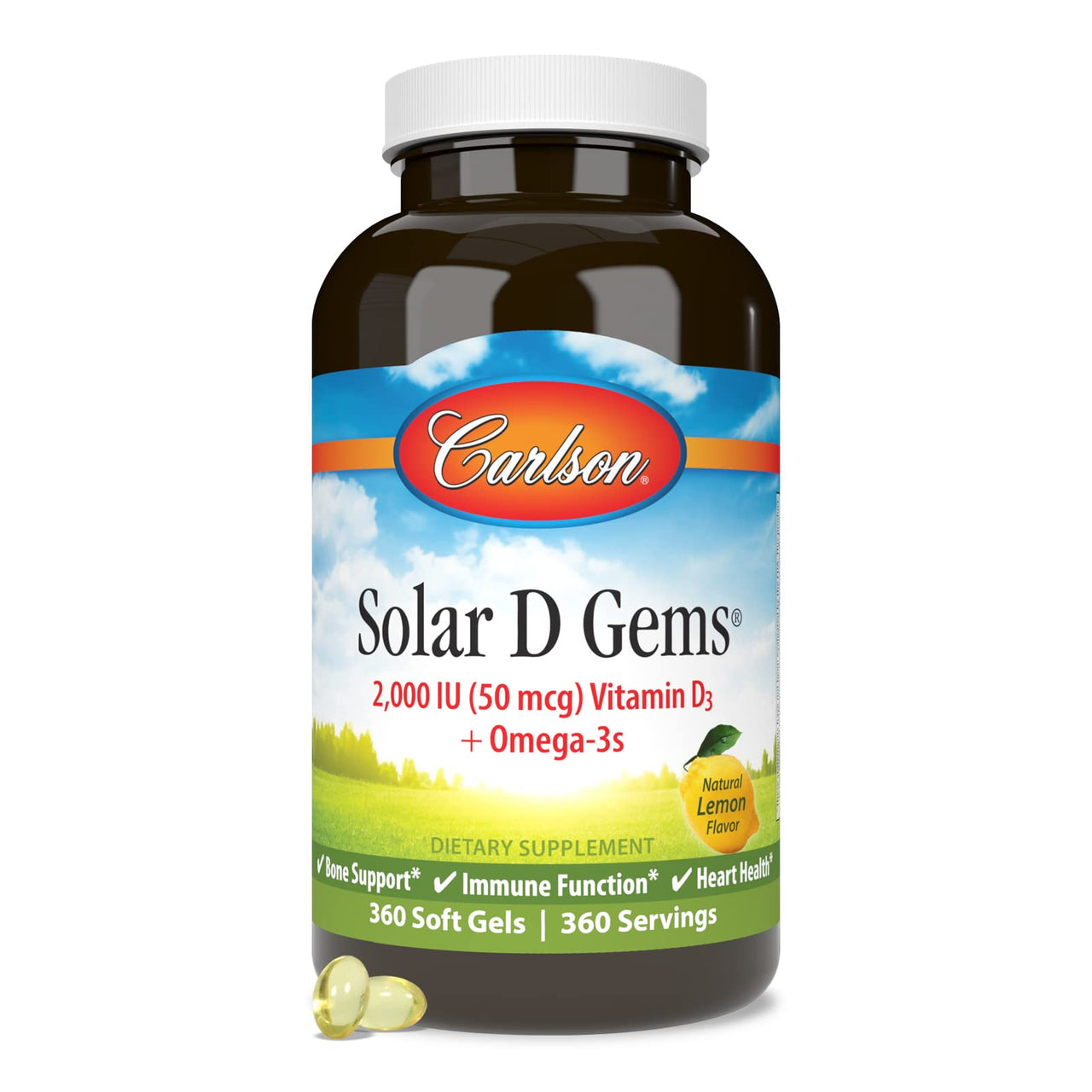 Carlson - Solar D Gems, Vitamin D3 and Omega-3 Supplement, 2000 IU (50 mcg) Vitamin D3, 115 mg Omega-3s EPA and DHA Supplement, Wild Caught, Sustainably Sourced, Lemon, 360 Softgels