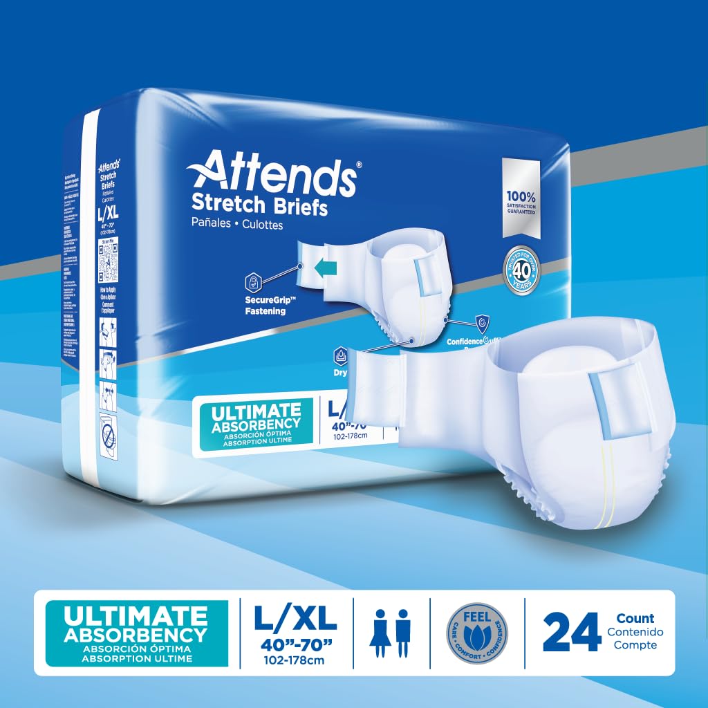 Attends Stretch Adult Incontinence Disposable Briefs, Large/X-Large, 40"-70" Waist with SecureGrip Tab Closure, Ultimate Absorbency with Dry-Lock Containment Core and Breathable Side Panels, 24ct Bag