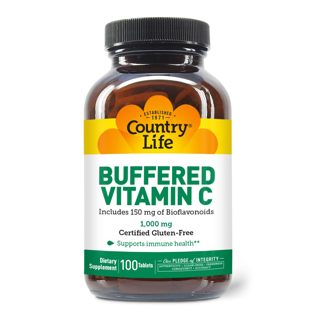 Country Life Buffered Vitamin C 1000mg with Bioflavonoids, Calcium, Magnesium, Potassium - Immune Support, Vegan Capsules, Gluten-Free, Gentle on Stomach - 100 Tablets