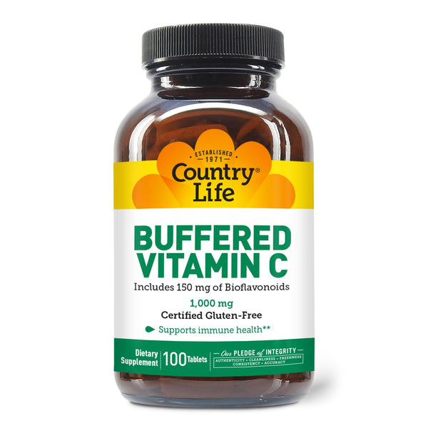 Country Life Buffered Vitamin C 1000mg with Bioflavonoids, Calcium, Magnesium, Potassium - Immune Support, Vegan Capsules, Gluten-Free, Gentle on Stomach - 100 Tablets