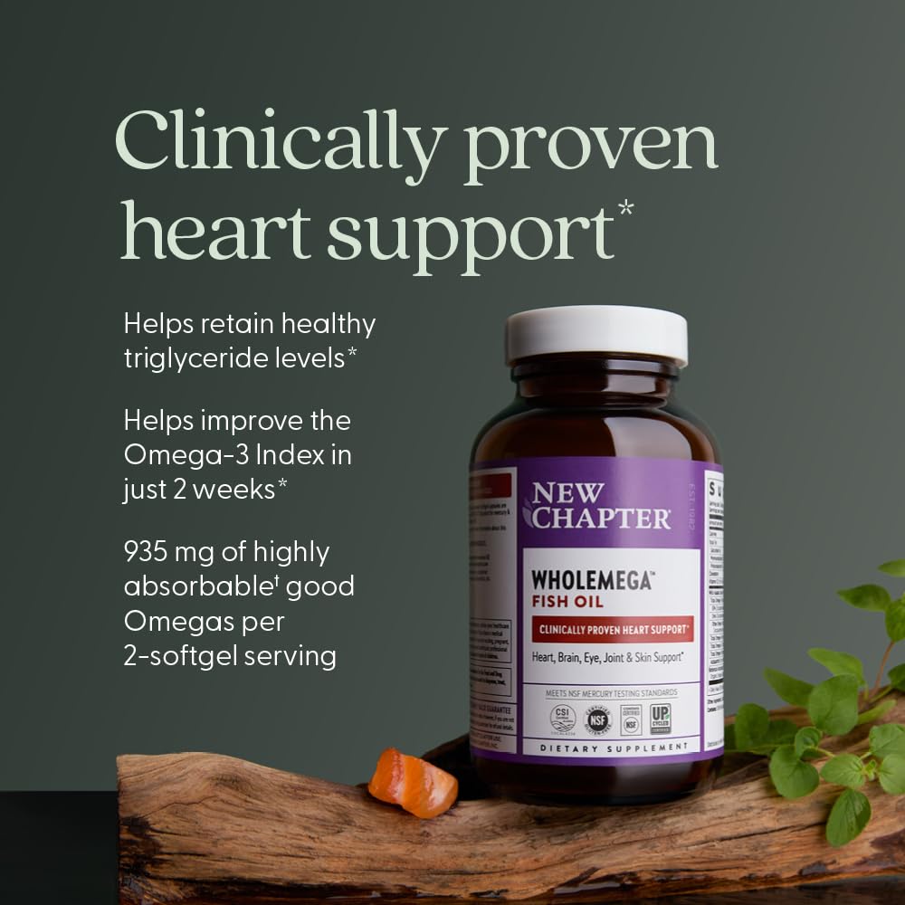 New Chapter Wholemega Fish Oil Supplement - 2000mg per Serving, Clinically Proven Wild Alaskan Salmon Oil with Omega-3 + Vitamin D3 + Astaxanthin, 180 Softgels