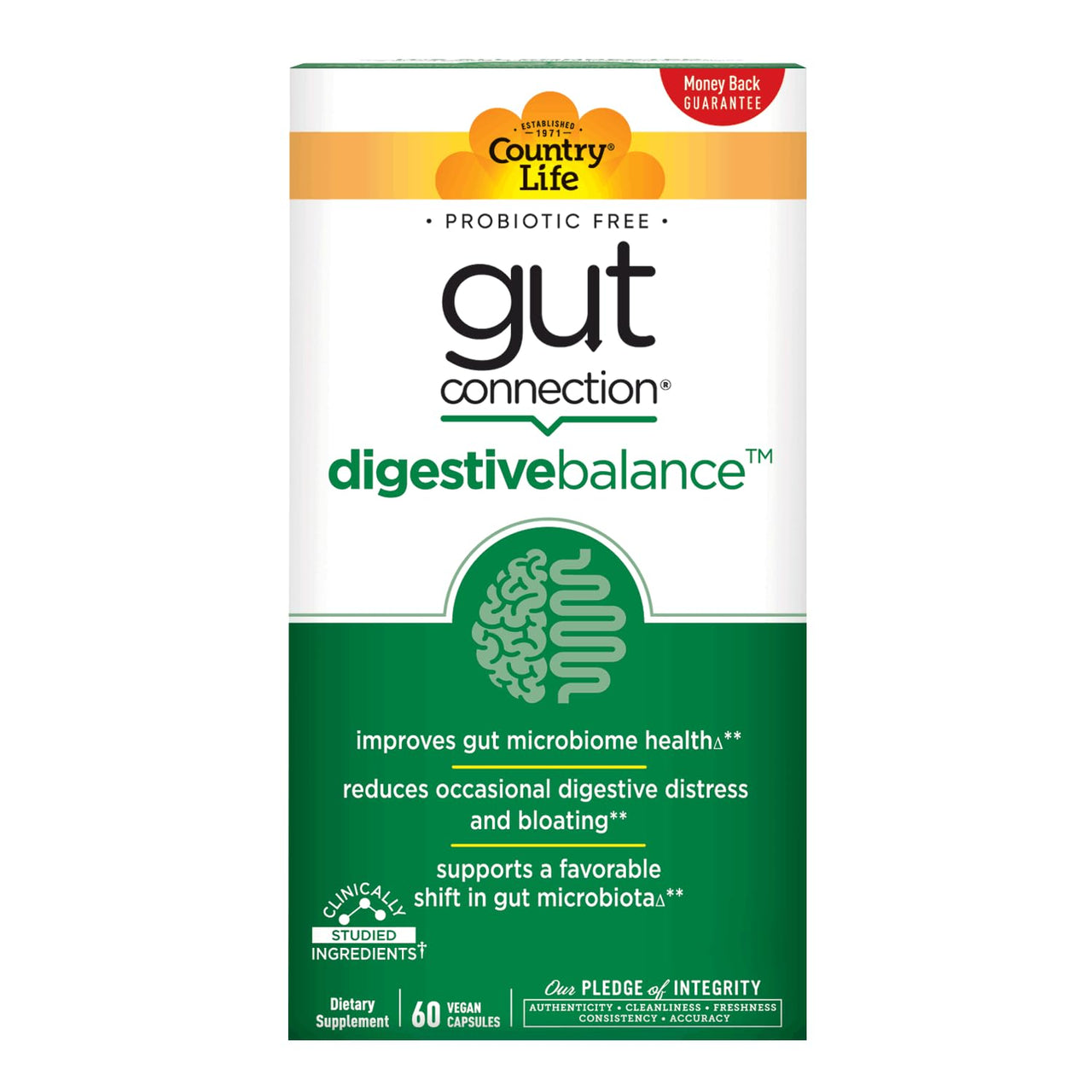 Country Life Gut Connection Digestive Balance – Prebiotic & Digestive Enzyme Supplement for Gut Health, Bloating Relief, and Improved Bowel Movements – Gluten-Free, Vegan, Non-GMO, 60 Capsules